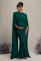 Bottle Green Draped Maternity Maxi Dress With Cape Sleeves